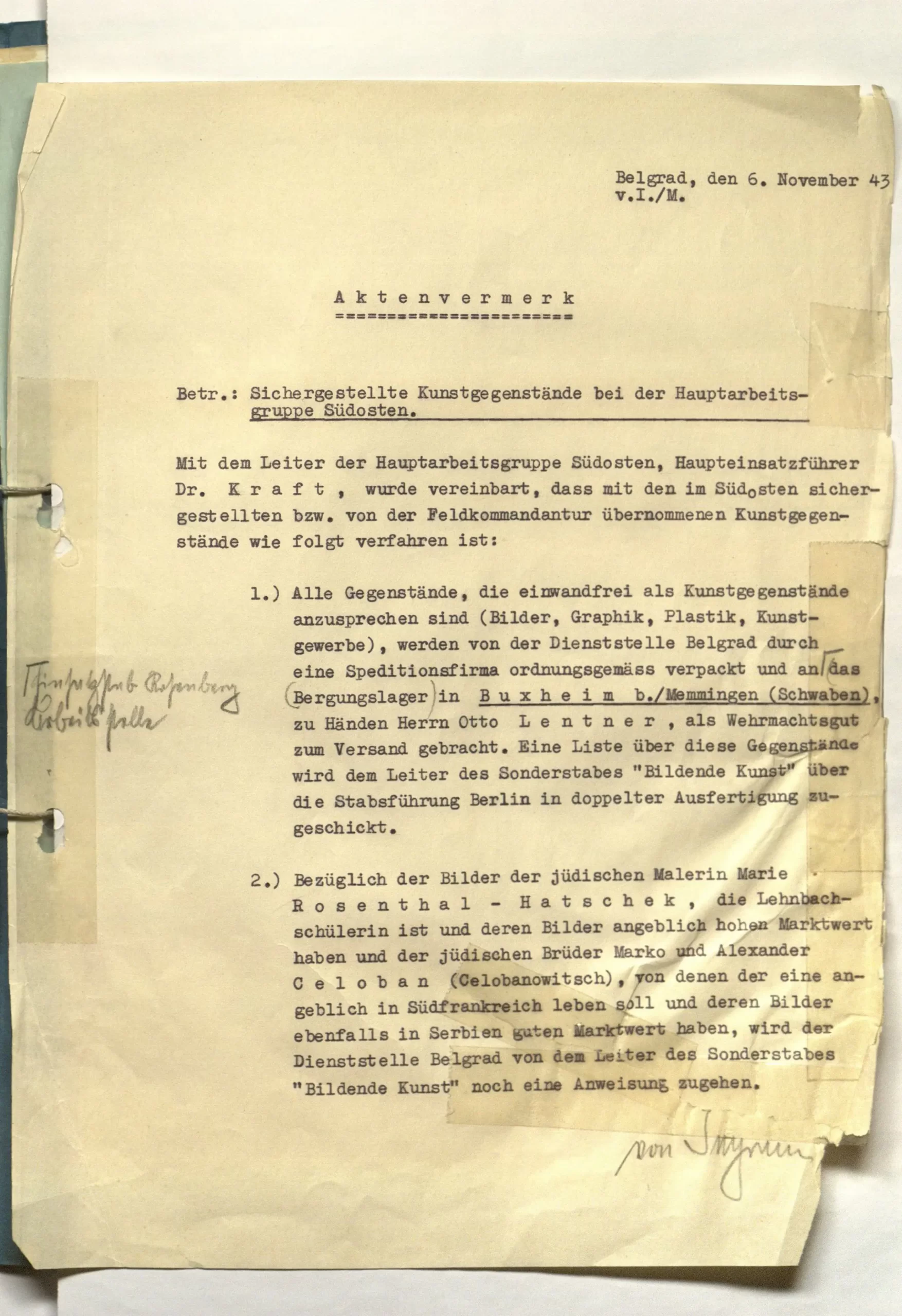 Memo regarding looting of Čelebonović paintings