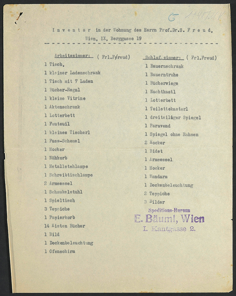 Inventory Sigmund Freud apartment 1938, Sigmund Freud Archive (made available by the archivist)