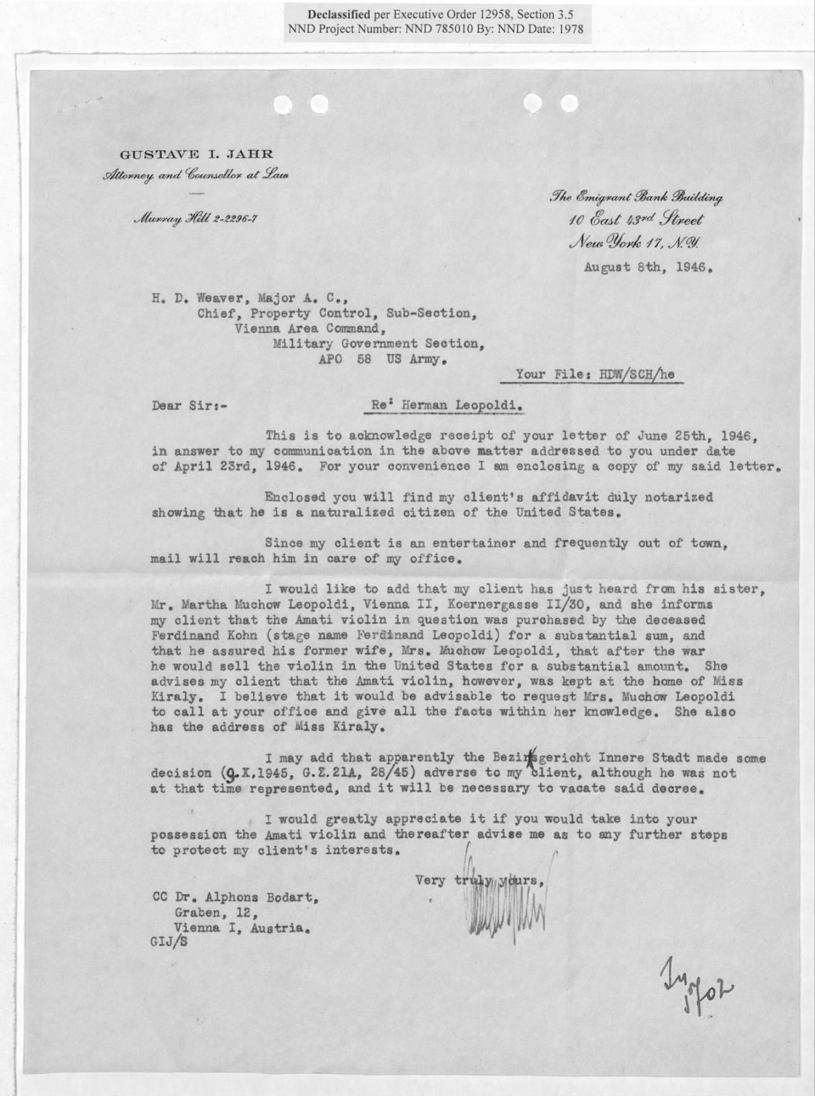 Brief an die American Property Control Commission, 8. August 1946