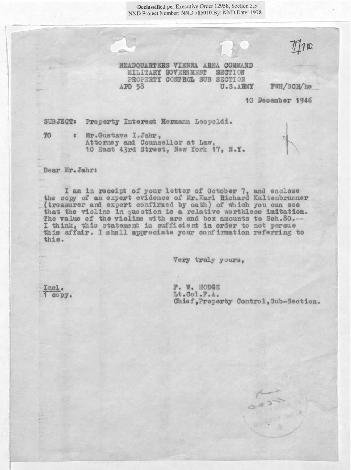 Letter to American Property Control Commission, 8 August 1946